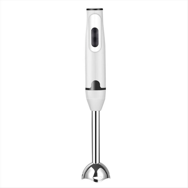 batidora de mano de inmersión, picadora eléctrica de alimentos y verduras, máquina de cocina manual para alimentos complementarios, enchufe europeo vista frontal centrada de batidora blanca con detalle negro y cuerpo ergonómico; panel de acero inoxidable con botón negro, varilla y pie campana en acero inoxidable anti-salpicaduras, especificada CA 220 V, adecuada para sopas y purés y que suele usarse también para pequeñas raciones en tarros durante viajes.