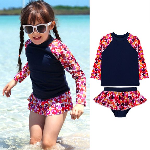 Toddler Swimsuit Girl Children Long Sleeve Heart Print 2 Piece Swimsuit Set Summer Toddler Girl Bathing Suit Dark Blue 5-6 Years