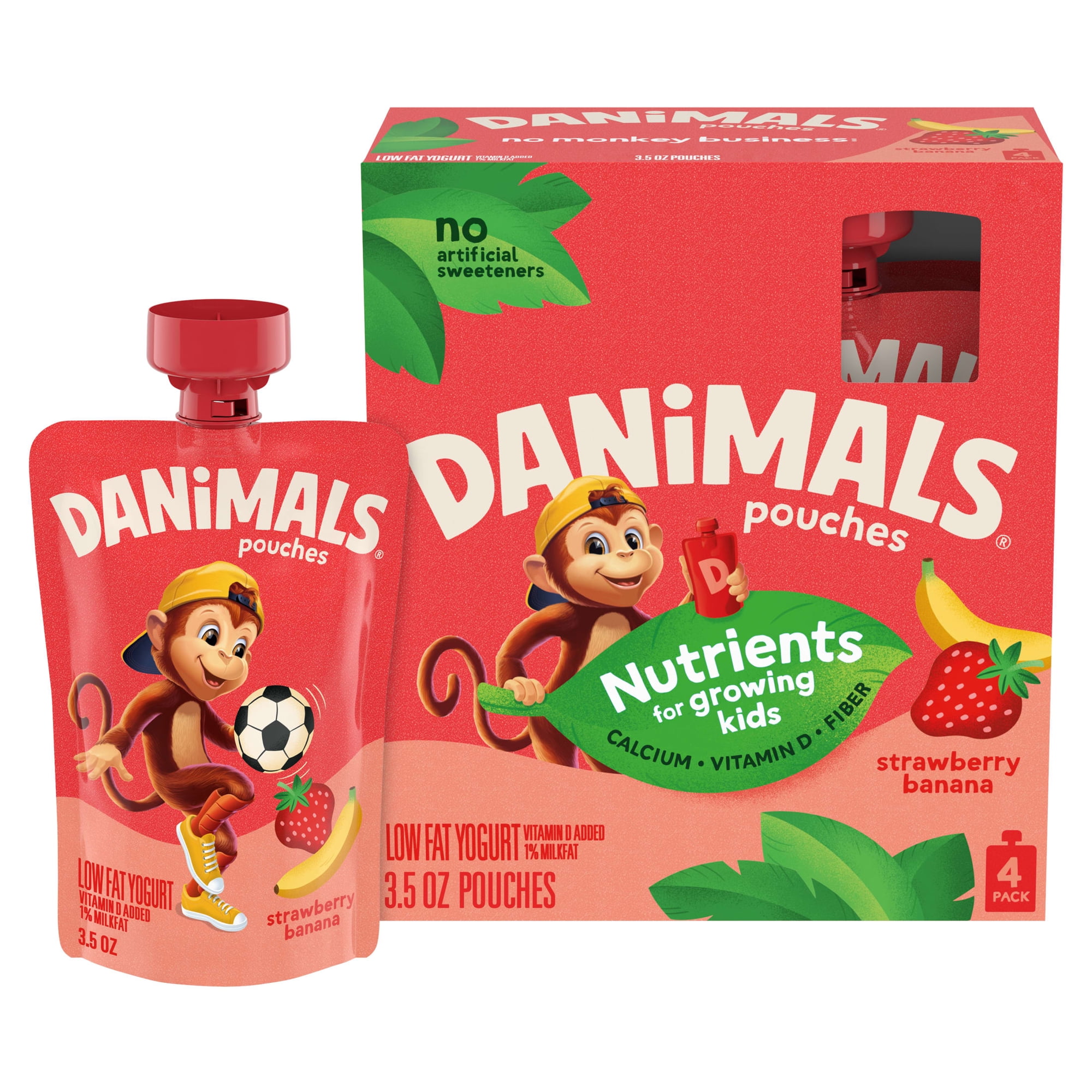 Danimals Pouches Strawberry Banana Squeezable Low Fat Yogurt Pouches, 3.5 oz, 4 Count