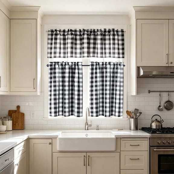 Kitchen Curtains Small Coffee Curtains Basement Filtering And Heat Insulating Curtains 3 Piece Set,Black