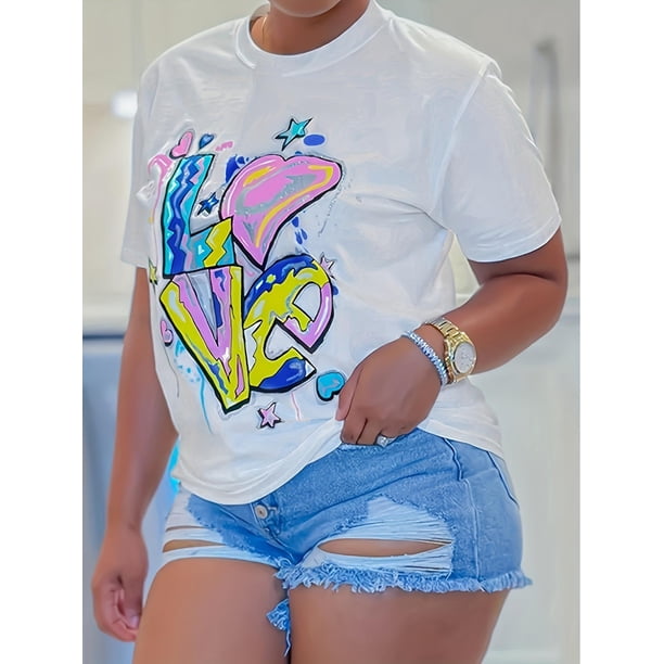 Camiseta de mujer transpirable y cómoda con estampado de amor, manga corta y cuello redondo, ideal para cualquier temporada, verano, estilo deportivo y tiempo libre.