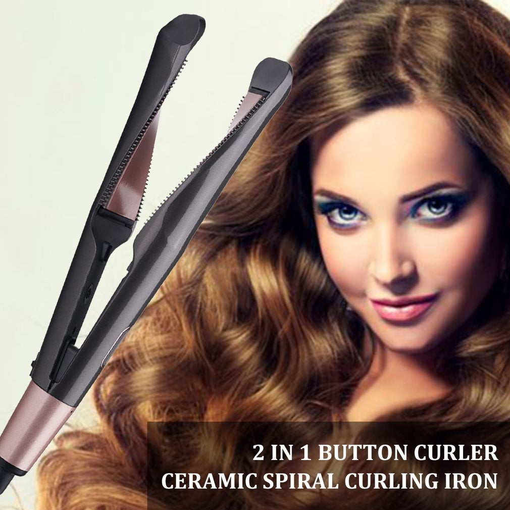 Multifunctional 2In1 Button Curler Rotating Thermostat Roll Straight Hair Straightener Ceramic
