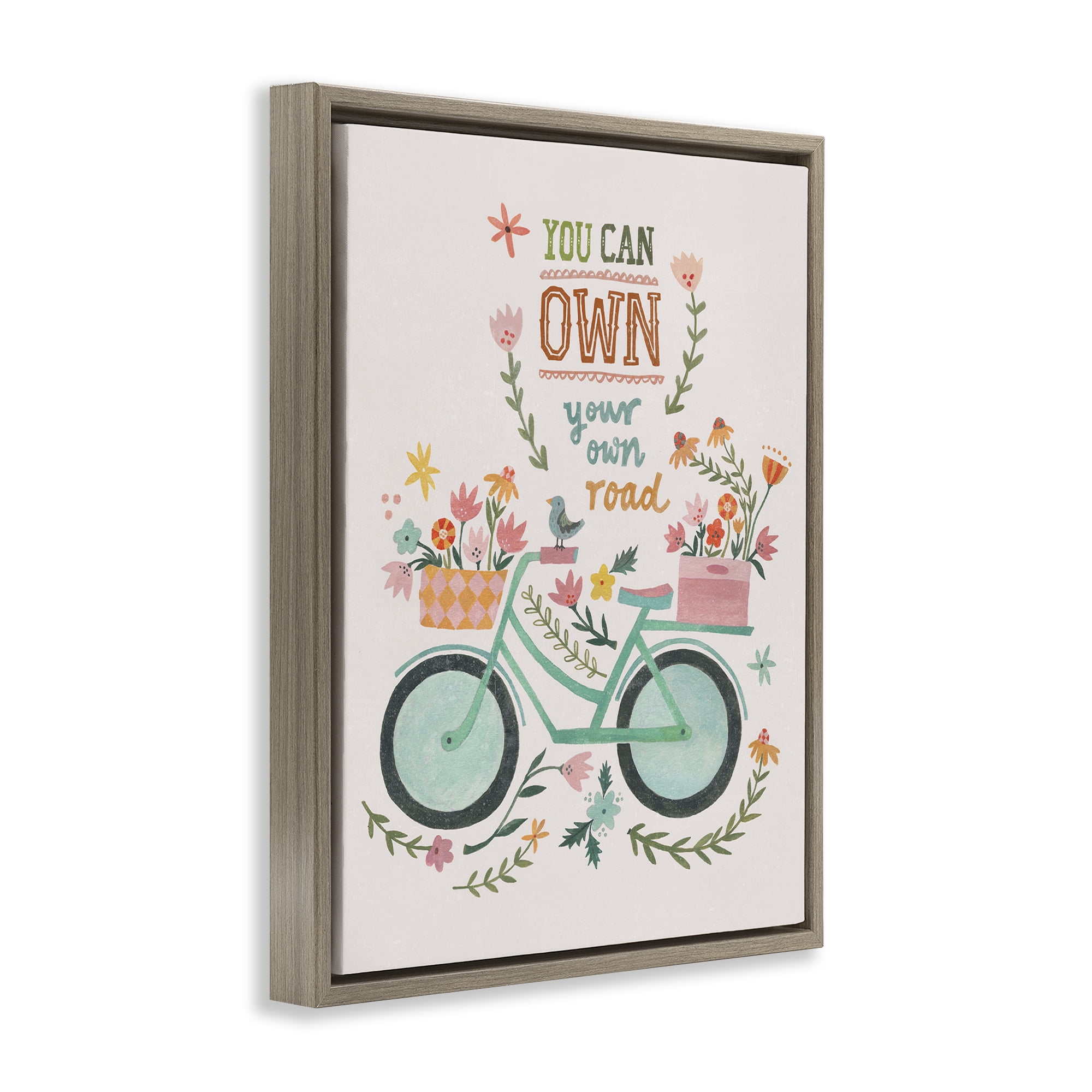 Stupell Industries Own Road Phrase with Bicycle Transportation Painting Brown Floater Framed Canvas Art Print Wall Art, 17 x 21