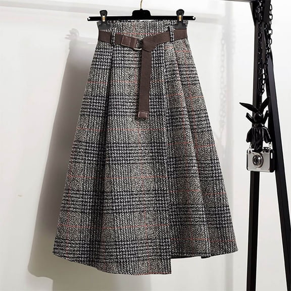 YMNXA Womens Skirt With Asymmetrical Hemline High Waist Plaid Print A Line Mid Length Fashion Skirt For Daily Wear Grey L