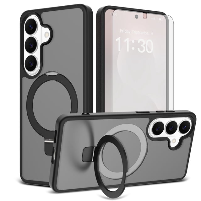 Asuwish Phone Case for Samsung Galaxy S26 5G Tempered Glass Screen Protector Magnetic Folding Stand Frosted Translucent Rugged Shockproof Protective Cell Cover S 26 26S 26 26S Women Men Black