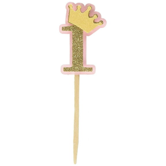All About Details Shimmer Pink & Gold Crown Theme 1 Cupcake Topper, Set of 12