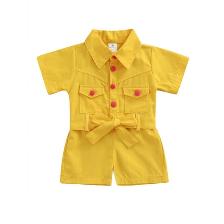 

Sunisery Kids Toddler Girls Short Sleeve Romper Solid Color Turn-Down Collar Pockets Playsuit Casual Short Jumpsuit Yellow 4-5 Years