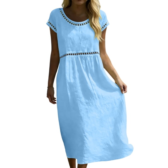 Cmfcve Women's Summer Dresses Casual Cotton Gauze Dresses Short Sleeve Loose Fit Eyelet Dress