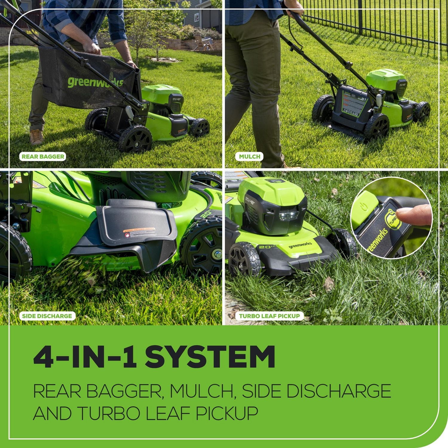 Tondeuse manuelle Greenworks 48 V (2 x 24 V) sans balai, 20 pouces, 2 batteries 4 Ah et chargeur 4 A