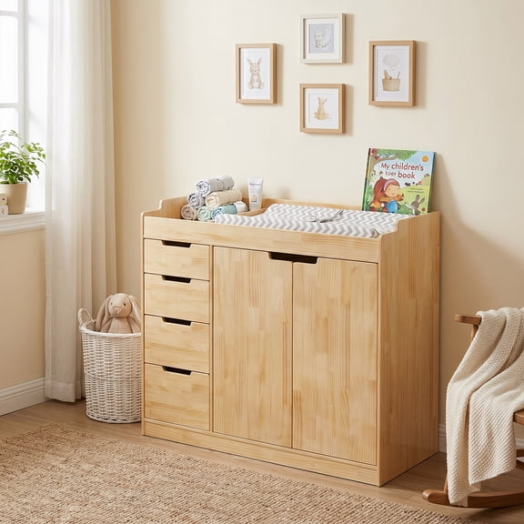 OXYLIFE 47.2'' Solid Wood Baby Changing Table Dresser with 4 Drawers and 2 Doors, Modern Nursery Dresser with Changing Table Top,Safety Guardrails, Baby Diaper Station Cabinet for Kids Room, Natural