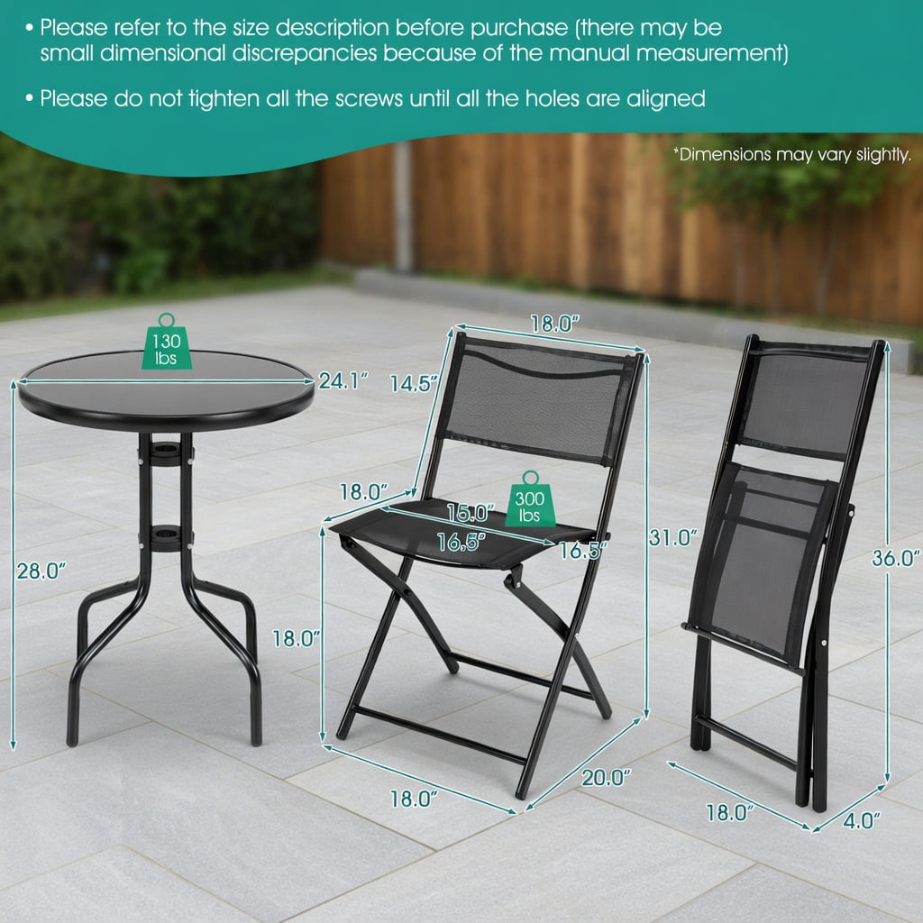 Hommoo 3-Piece Metal Folding Bistro Set, Round Tempered Glass Table + 2 Ergonomic Foldable Chairs for Patio, Garden & Indoor Use, Black
