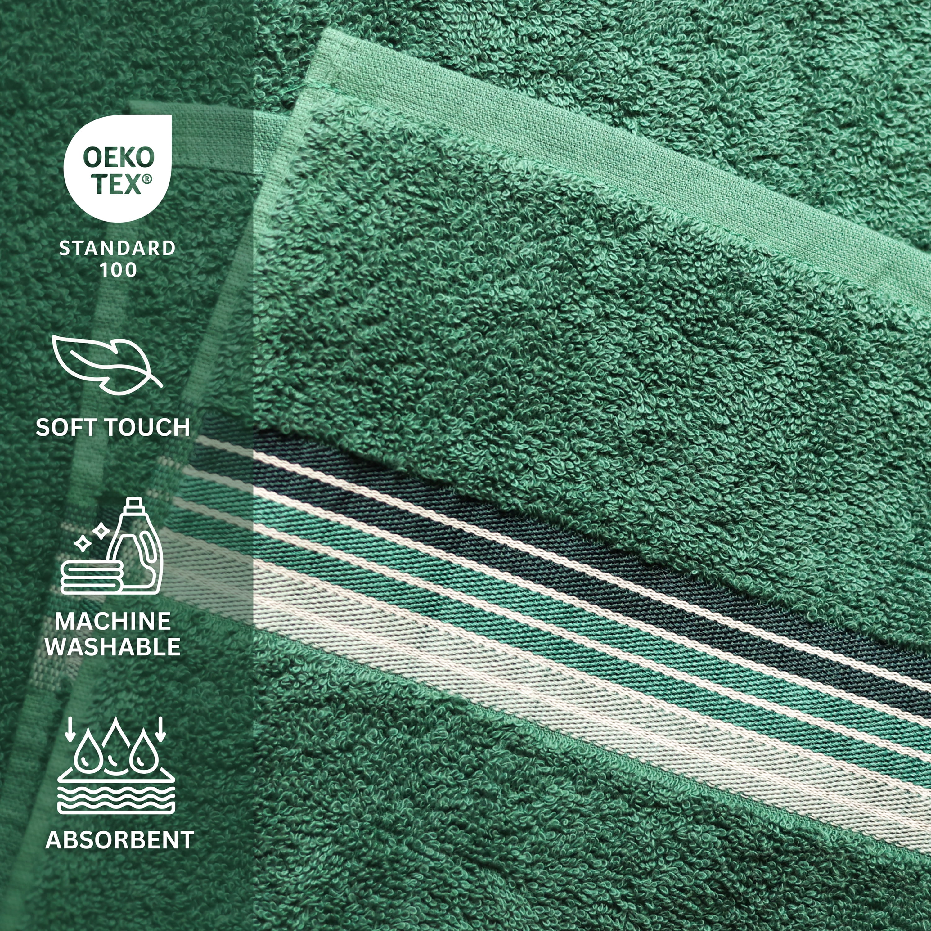 Mainstays Basic Bath Towel, Soft 100%  Cotton and Highly Absorbent Striped Bath Towel, Green