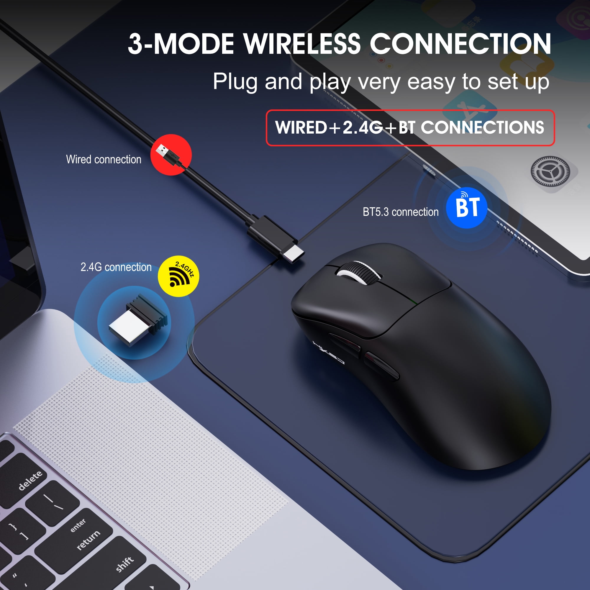 Wireless Gaming Mouse with 57g Lightweight Design,10000DPI,3 Mode USB-C/2.4G/Dual Bluetooth 5.3,Portable Rechargeable Mouse for PC/Mac/Laptop Gamer/Black
