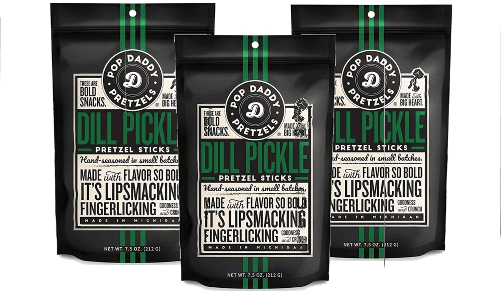 Pop Daddy Dill Pickle Gourmet Pretzel Sticks, 3Pack 7.5 oz. Bags