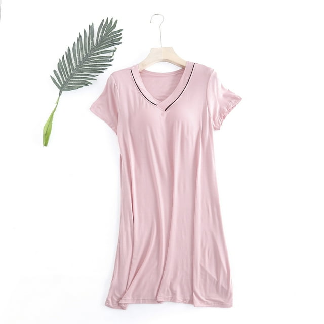 Robe de Pyjama en Modal pour Femmes Manches Courtes Col en V Chemises de Nuit Douces avec Soutien-Gorge M-TTG