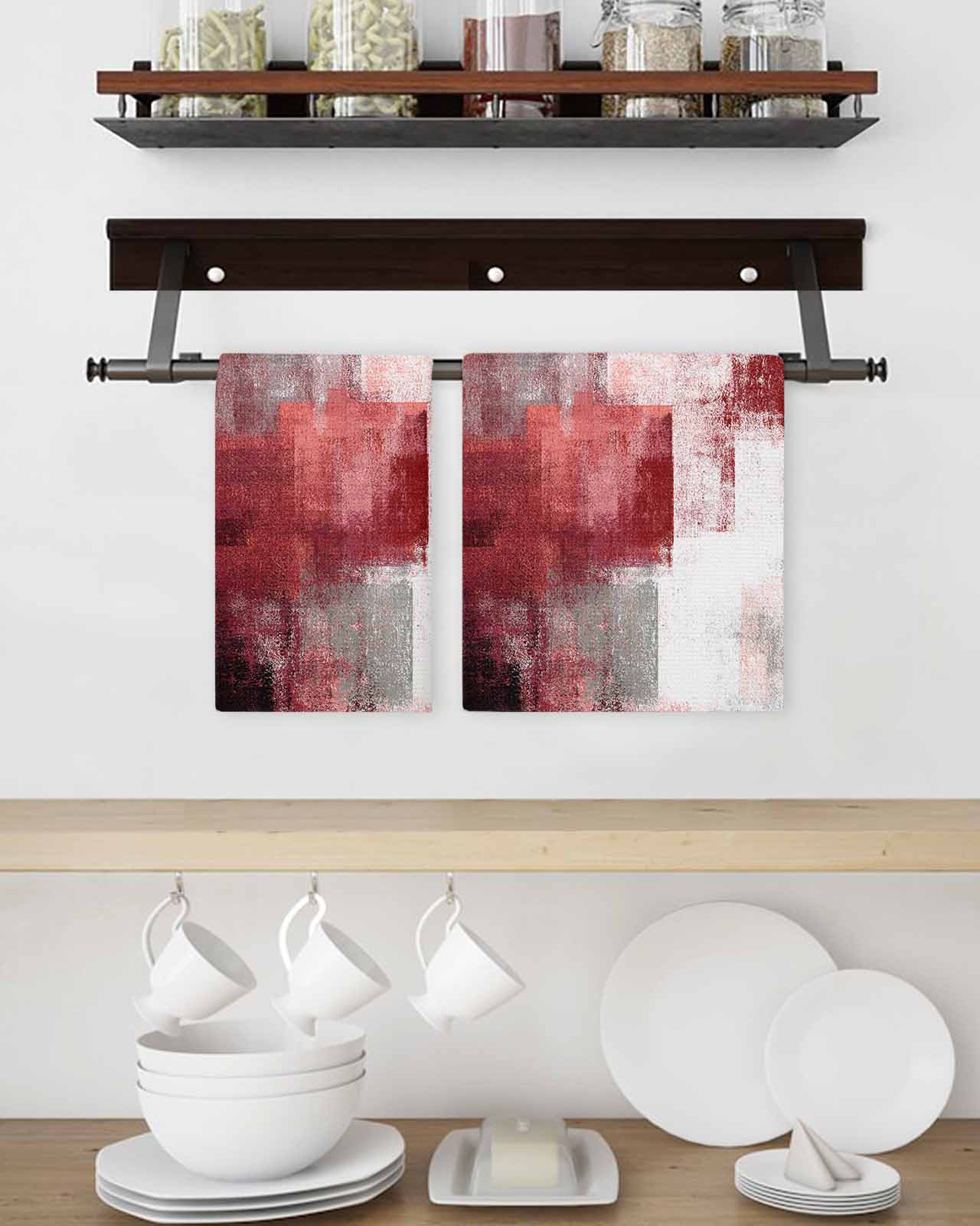 Red Ombre Kitchen Dish Towels for Drying Dishes Set of 2, Retro Farmhouse Abstract Mottled Texture Art Waffle Weave Microfiber Terry Hand Tea Bathroom Towels Quick Dry & Absorbent Towel 15.7x23.6
