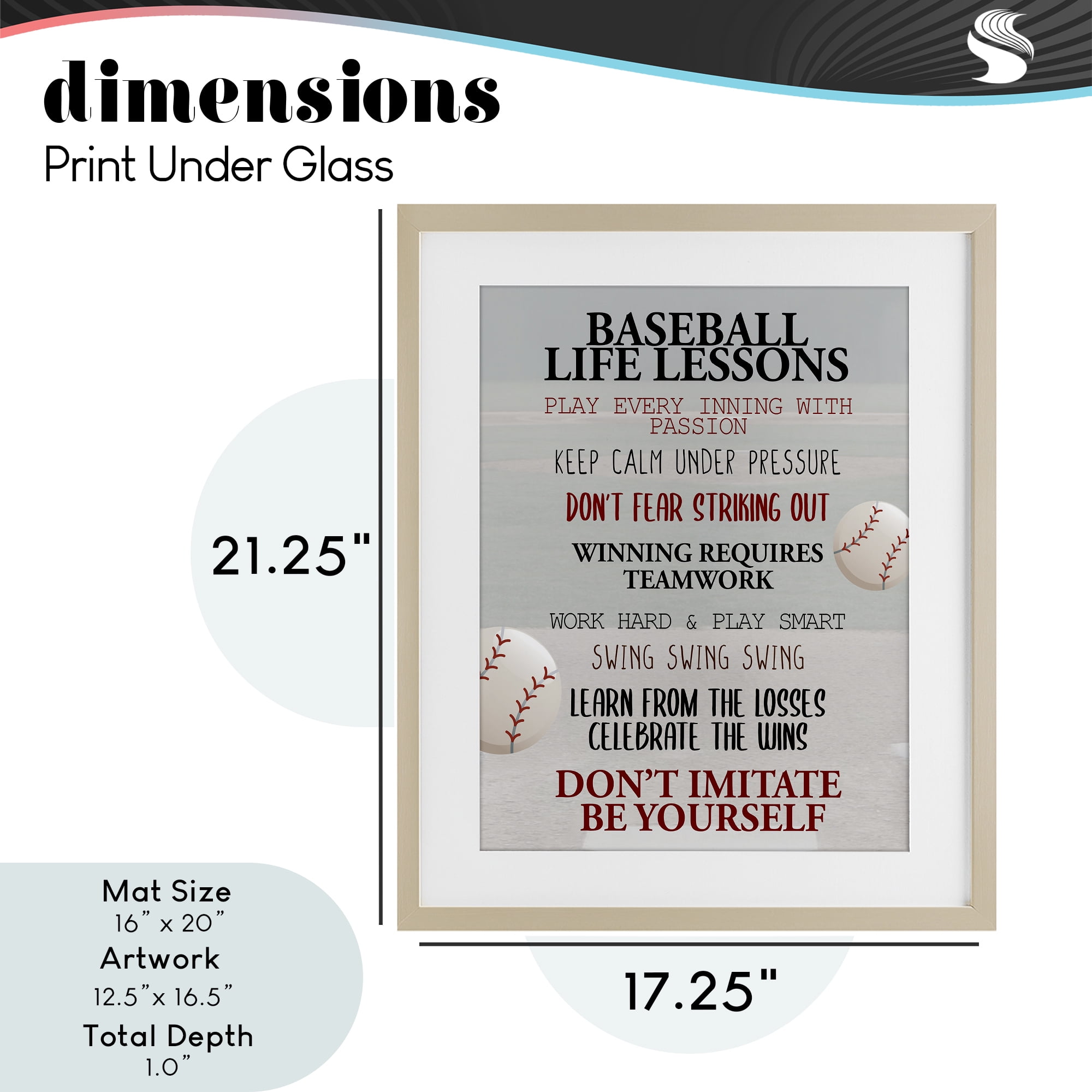 Baseball Life Lessons Birch Framed Print Under Glass, design by Kim Allen