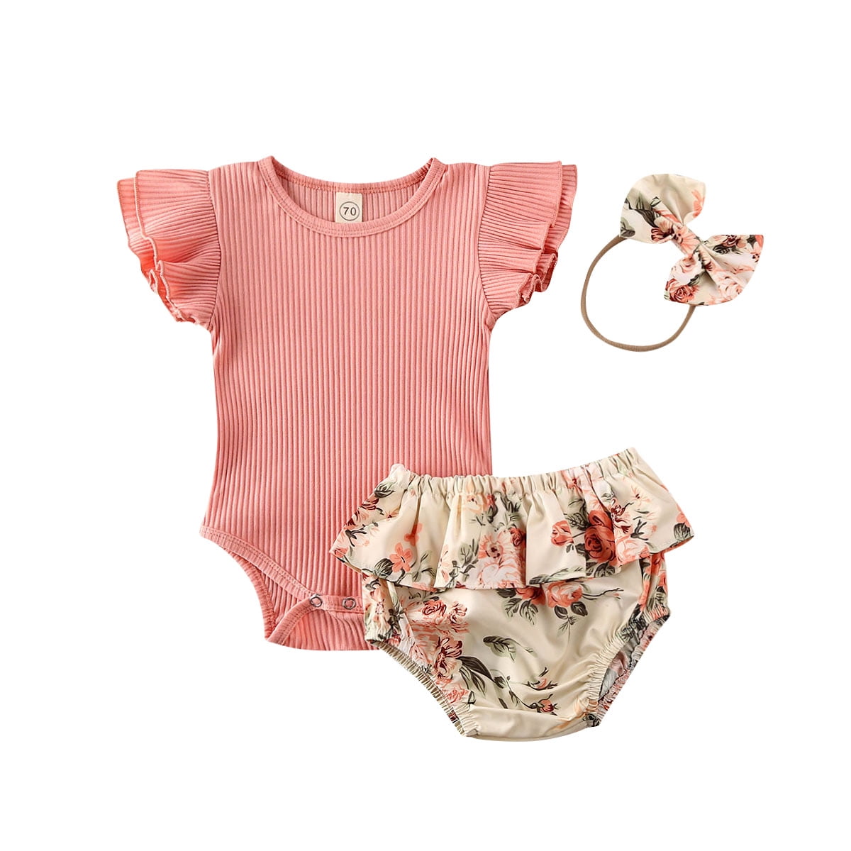 Infant Baby Girl Floral Ruffle Bloomers Outfit Blessed Romper Tops+Shorts+Headband Summer Clothes Set 