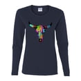 thumbnail image 2 of Colorful Rainbow Cow Bull Skull Animal Lover Womens Graphic Long Sleeve T-Shirt, Navy, Medium, 2 of 3