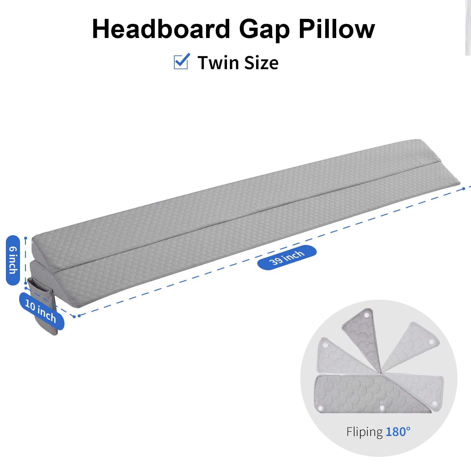 Twin Size Bed Wedge Pillow - Gap Filler Mattress Headboard Fill The (0-7") Between And For Sleeping Backrest (39"x10"x6" Grey)