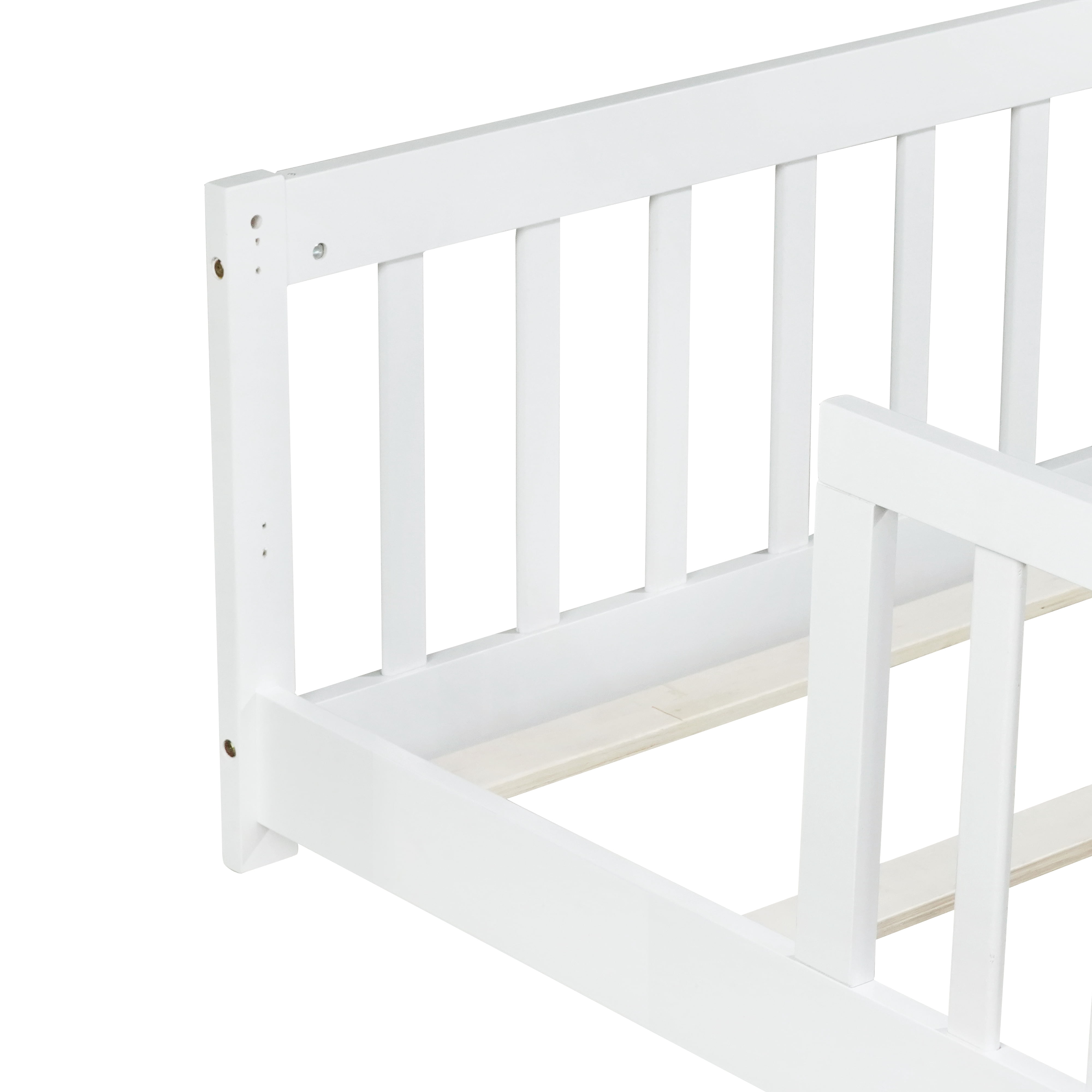 Alvantor Twin Size Floor Bed, Solid Wood Toddler Bed with Slat and Fence Guardrail, Montessori Floor Bed for Kids, Boys, Girls,White