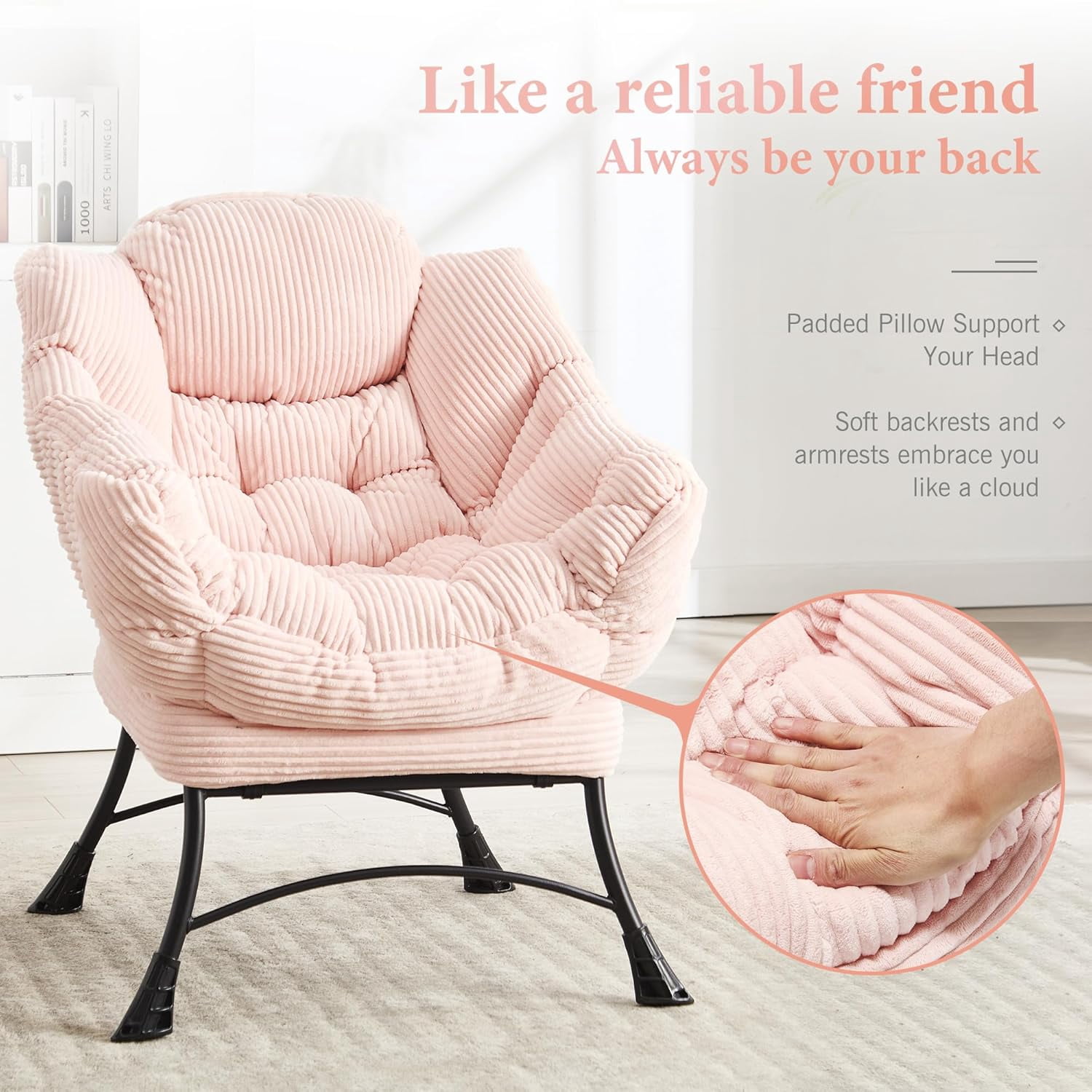 MOONMISS Corduroy Upholstered Oversized Lazy Chair Set of 2 with Folding Ottoman and a Side Pocket,Pink