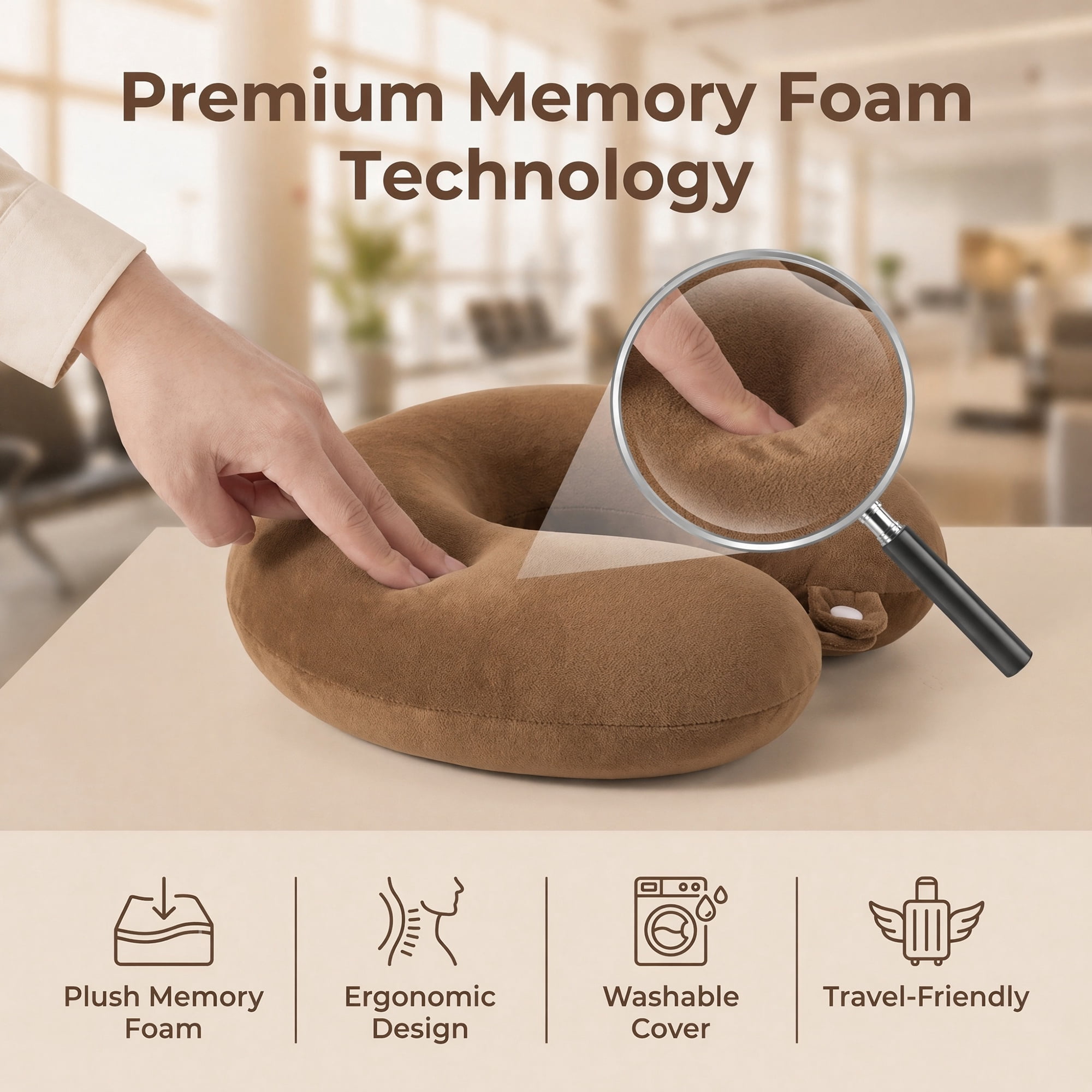 Unique Bargains Memory Foam Travel U Shape Neck Pillow Snap Closure Dark brown 12"x12"x4"