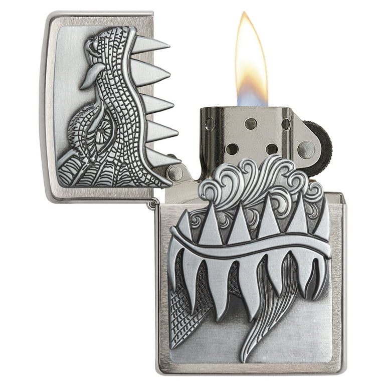 Zippo Fire Breathing Dragon Emblem Brushed Chrome Windproof Zippo Fire Breathing Dragon Emblem Brushed Chrome Windproof