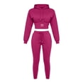 thumbnail image 4 of Women's 2‑Piece Tracksuit Set, Letter‑Embroidered Cropped Hooded Sweatshirt with Drawstring & High‑Waist Cuffed Jogger Pants, Solid‑Color Sporty Outfit for Daily Workout Commute Hot Pink XS(XS), 4 of 8