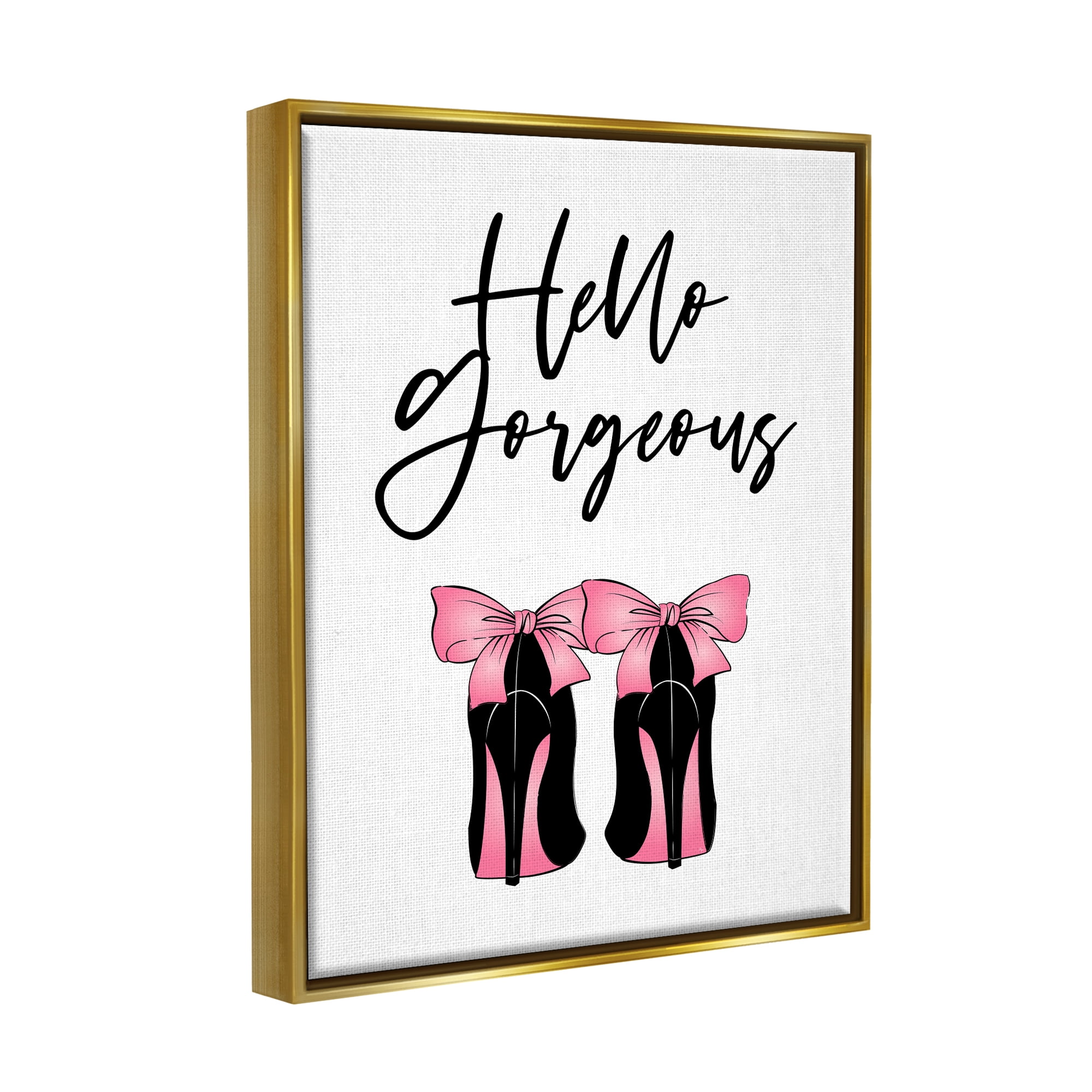 Stupell Industries Hello Gorgeous Pink Bow Heels Botanical & Floral Painting Gold Floater Framed Art Print Wall Art