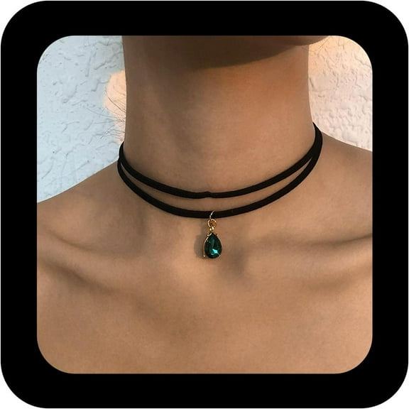 Vintage Layered Suede Choker Necklace Green Teardrop Clavicle Necklace Black Velvet Choker Necklace Cz Emerald Pendant Necklace Collar Jewelry for Women