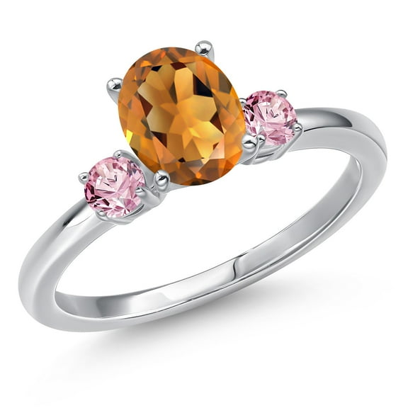 Gem Stone King 14K White Gold Orange Red Madeira Citrine and Pink Lab Grown Diamond Engagement Ring for Women | 1.36 Cttw | Oval 8X6MM | Gemstone November Birthstone | Size 5