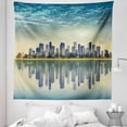 thumbnail image 1 of City Tapestry, Digital Illustration of Cartoon Style Skyline Buildings Symmetric Reflections, Fabric Wall Hanging Decor for Bedroom Living Room Dorm, 5 Sizes, Blue Pale Orange, by Ambesonne, 1 of 1