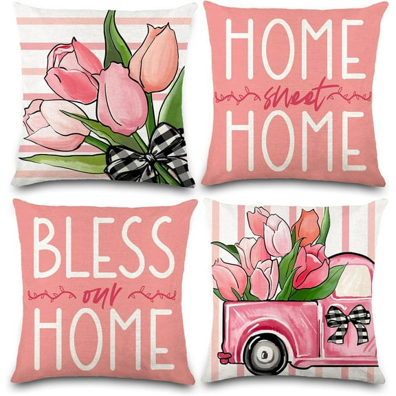 4PCS Spring Pillow Covers 18x18 Inch Pink Flower Car Spring Throw Pillow Covers Sweet Home Spring Pillow Covers Decor Cushion Cases for Farmhouse Holiday Home Couch Sofa