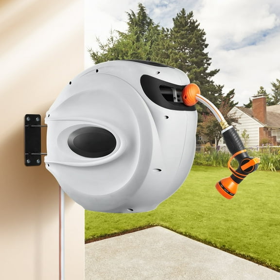 Retractable Garden Hose Reel 1/2" 100ft Automatic Hose Reel with 9 Function Sprayer Nozzle Wall Mount 180 Deg Swivel Bracket Hose Reel with Any Length Lock Slow Return System