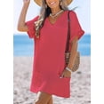 thumbnail image 3 of Swimsuit Coverup for Women Waffle Knit V Neck Short Sleeve Beach Coverup Dress with Pockets, 3 of 9