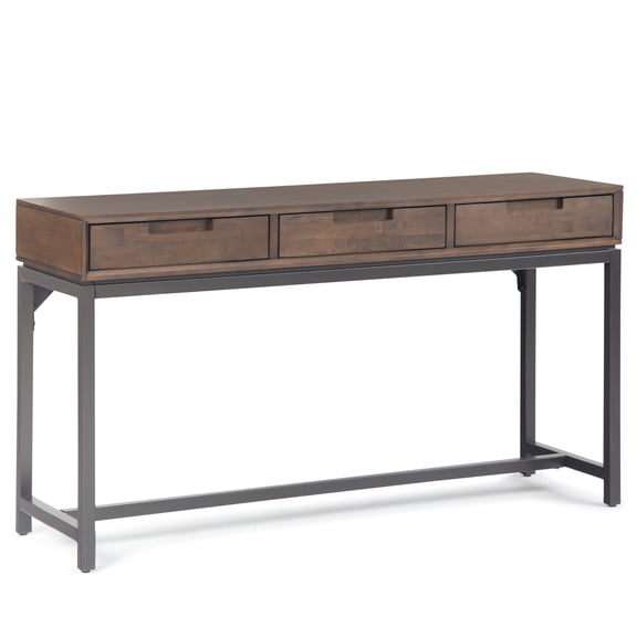 Simpli Home Banting 54 inch Wide Solid Wood Mid-Century Modern Wide Console Table in Walnut Brown