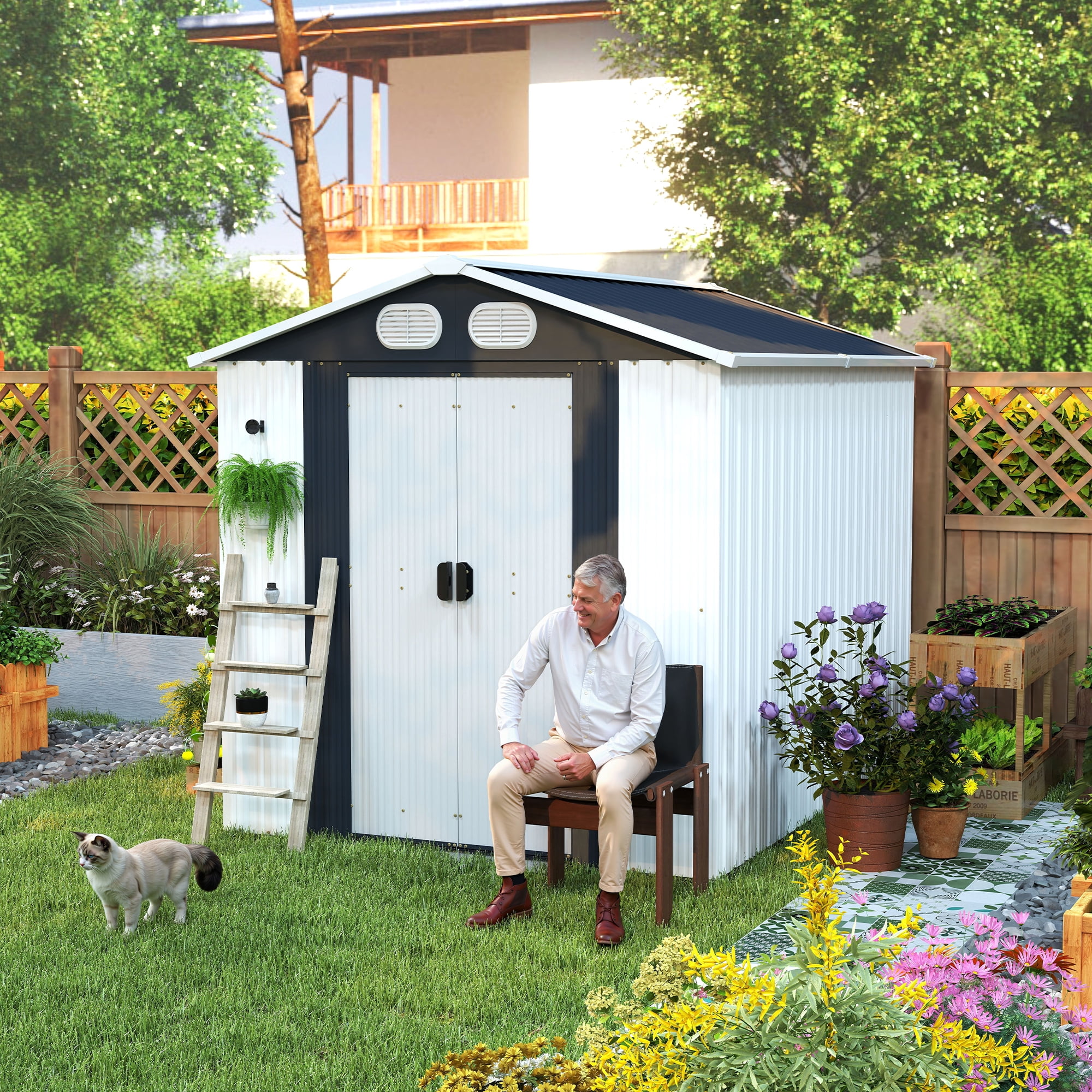 8x6FT Outdoor Storage Shed, All-Weather Metal Garden Tool Shed with Lockable Doors, Air Vents, Clear Window for Backyard Garden Patio