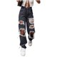 thumbnail image 1 of Pantalones vaqueros rasgados Prolriy para mujer, de cintura elástica, con botones, con agujeros y bolsillos, holgados, estilo boyfriend, color negro, talla XL, 1 of 8