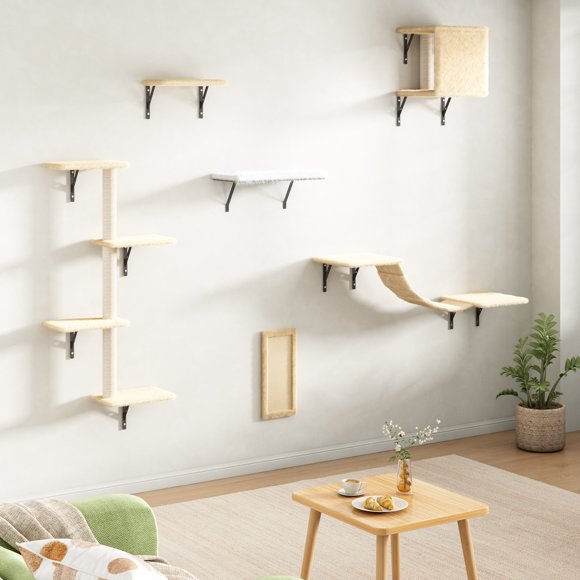 HOXPETY Mobilier Mural pour Chat, Ensemble de 5 Étagères Murales pour Chat avec Arbre à Chat, Perchoir pour Chat, Grattoir pour Chat, Pont pour Chat et Condo pour Chat, Gris (Beige)