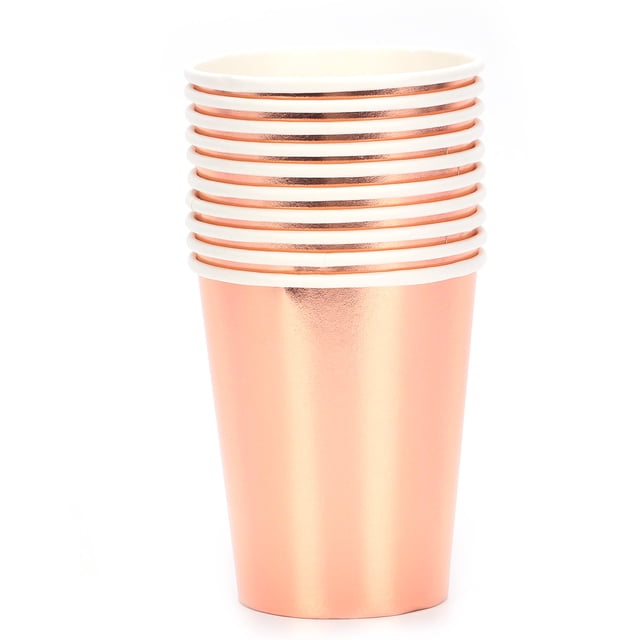vasos de papel para 20 piezas, vaso compostable para beber, vaso de jugo reciclable para fiesta, café, té, oro rosa — paquete de 20 vasos de papel color oro rosa con acabado metálico brillante, pila apilada vista frontal con borde interior blanco, dimensiones aprox. 8.3 x 7.3 x 7.3 cm; diseñados para fiestas, cumpleaños y picnics; suelen usarse también como vasos desechables elegantes para servir bebidas.