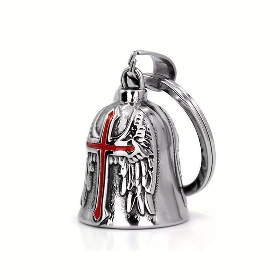 1pc Retro Punk Style Guardian Bell Motorcycle Accessory - Angel Wing & Cross Lucky Bell for Riders, Metal Pendant Protector Charm