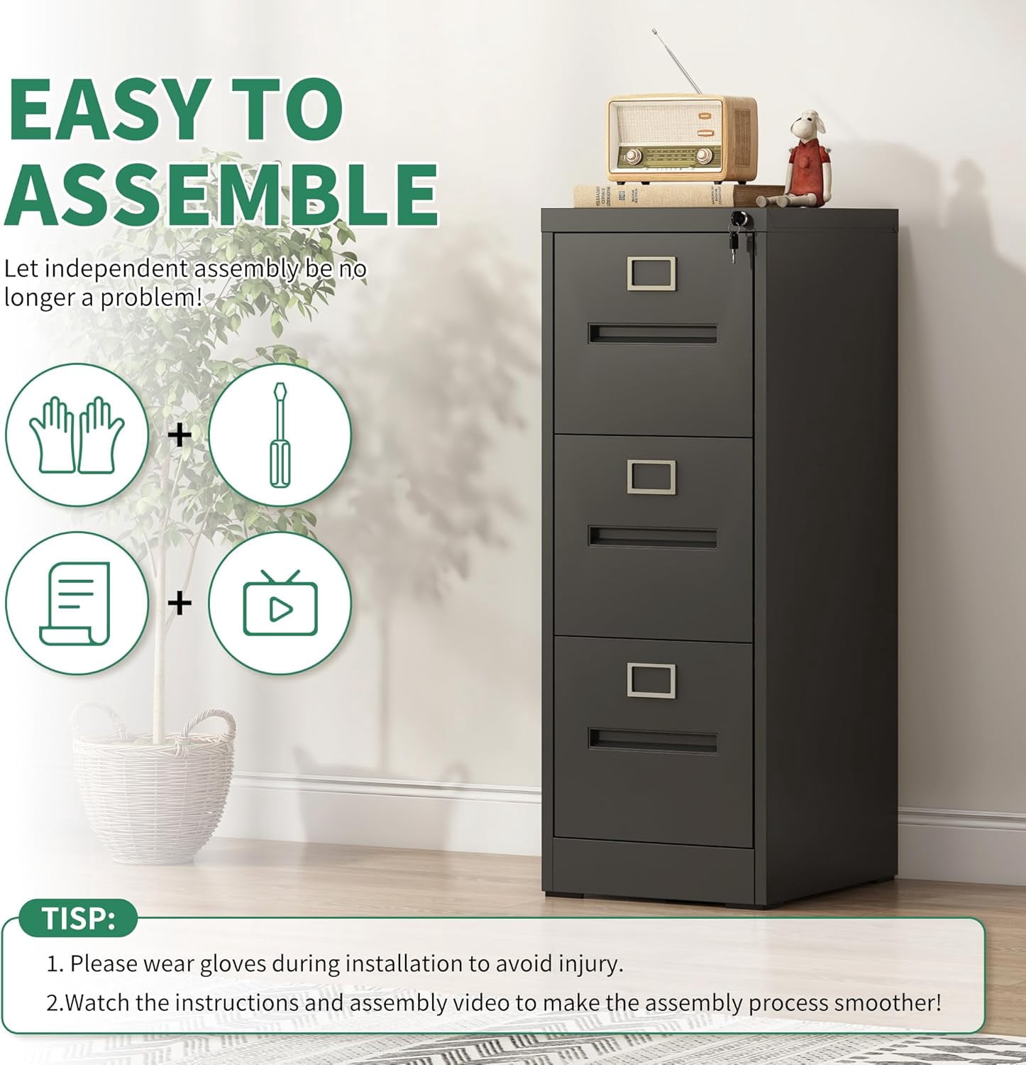 IKIMI Black Metal File Cabinet with 3 Drawer,Vertical File Cabinet with Lock for A4/Letter/Legal Size Files,Steel Filing Cabinets for Home Office,Assembly Required