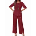 thumbnail image 3 of Women'S Asymmetric Hem Pants Set Elegant Fashion Casual Button Sleeve Shirt Loose Two Piece Outfit Wine Red 4XL, 3 of 7