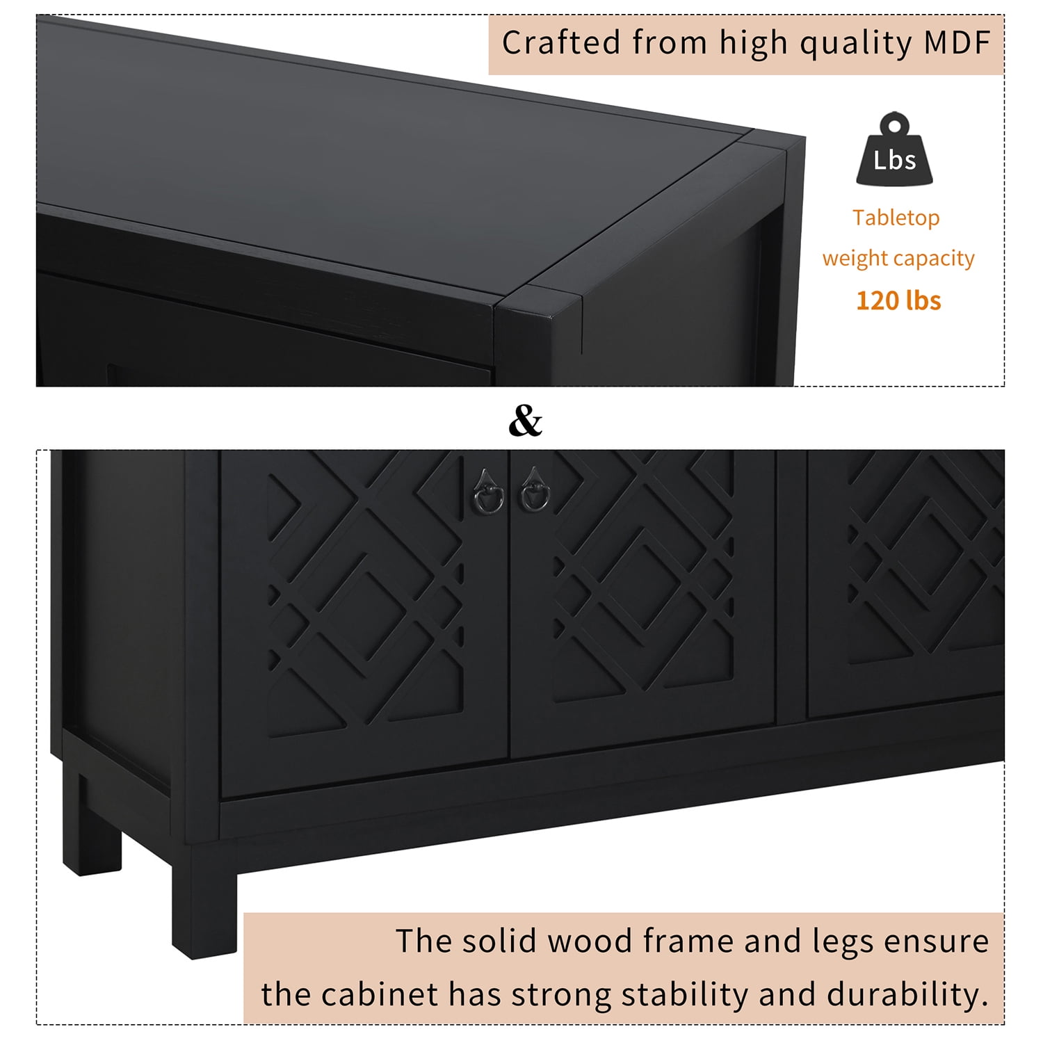 Kadyn Storage Sideboard Buffet Cabinet, 4 Door Sideboard with Pull Ring Handles, Kitchen Storage Cabinet for Living Room, Black Kadyn Storage Sideboard Buffet Cabinet, 4 Door Sideboard with Pull Ring Handles, Kitchen Storage Cabinet for Living Room, Black