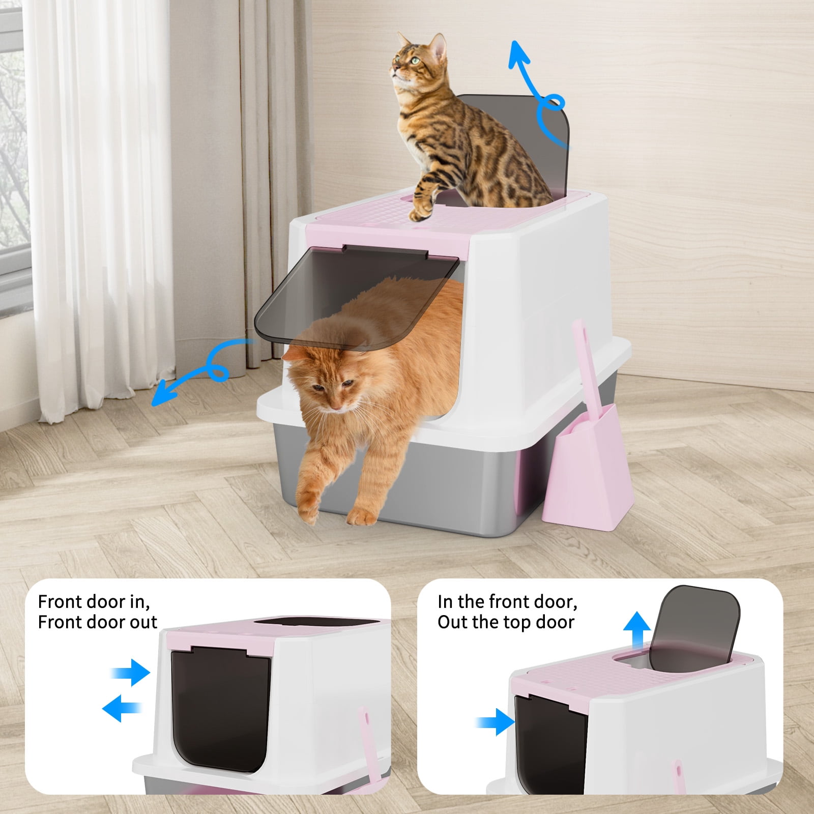 RIZZARI Enclosed Cat Litter Box: Large Top & Front Entry - High-Sided Anti-Scatter Design - Stainless Steel Odor Control - Easy Clean  Non-Stick Coating- Pink Litter Pan