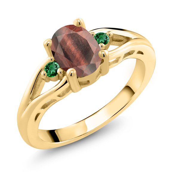 Gem Stone King 18K Yellow Gold Plated Silver Red Tiger Eye and Green Nano Emerald 3 Stone Engagement Ring for Women | 1.30 Cttw | Oval 8X6MM | Round 2MM | Gemstone Birthstone | Size 7