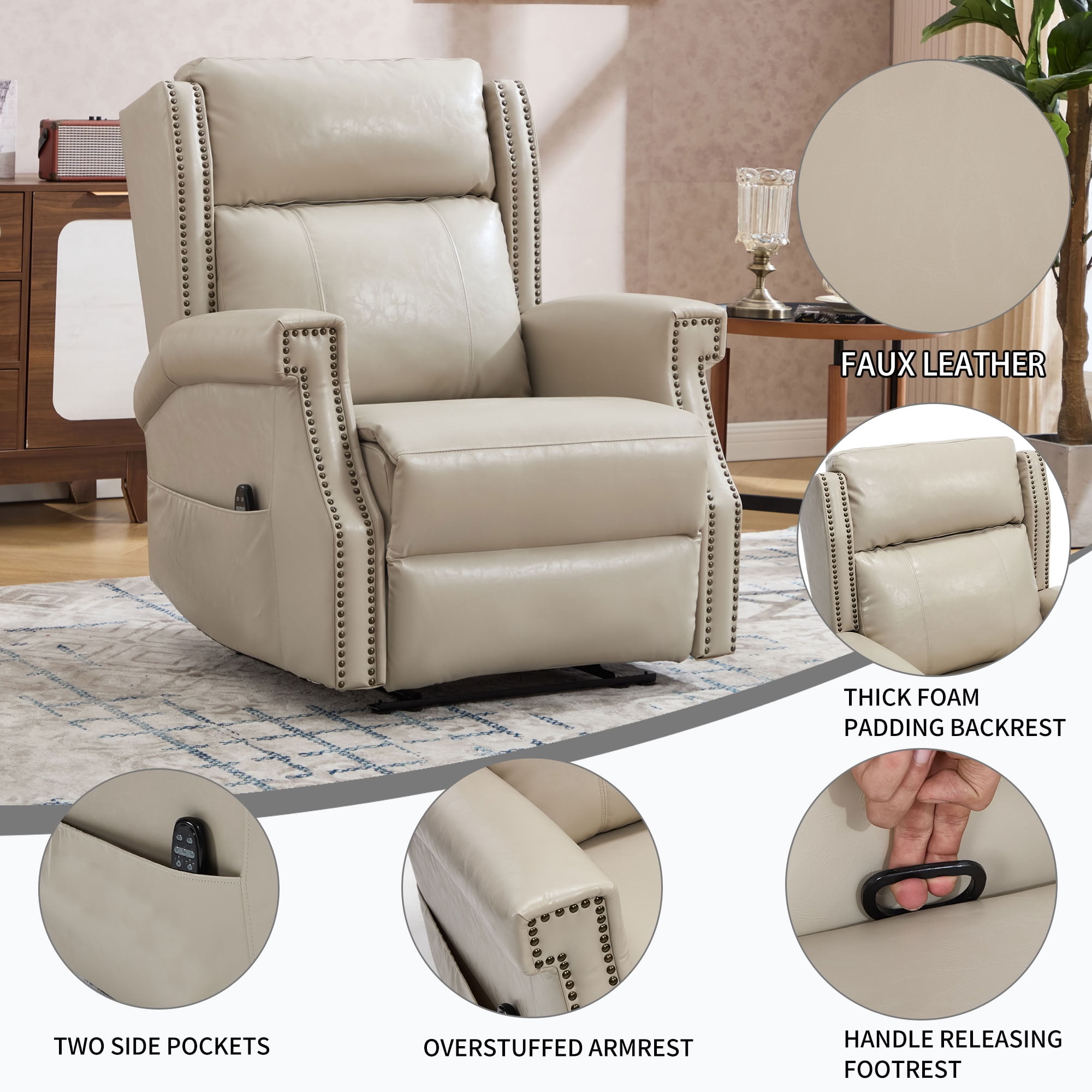 MAYEERTY Manual Massage Recliner Chair, Faux Leather Lounge Armchair with Nailhead Trim & Lumbar Heat, for Living Room Home Theater