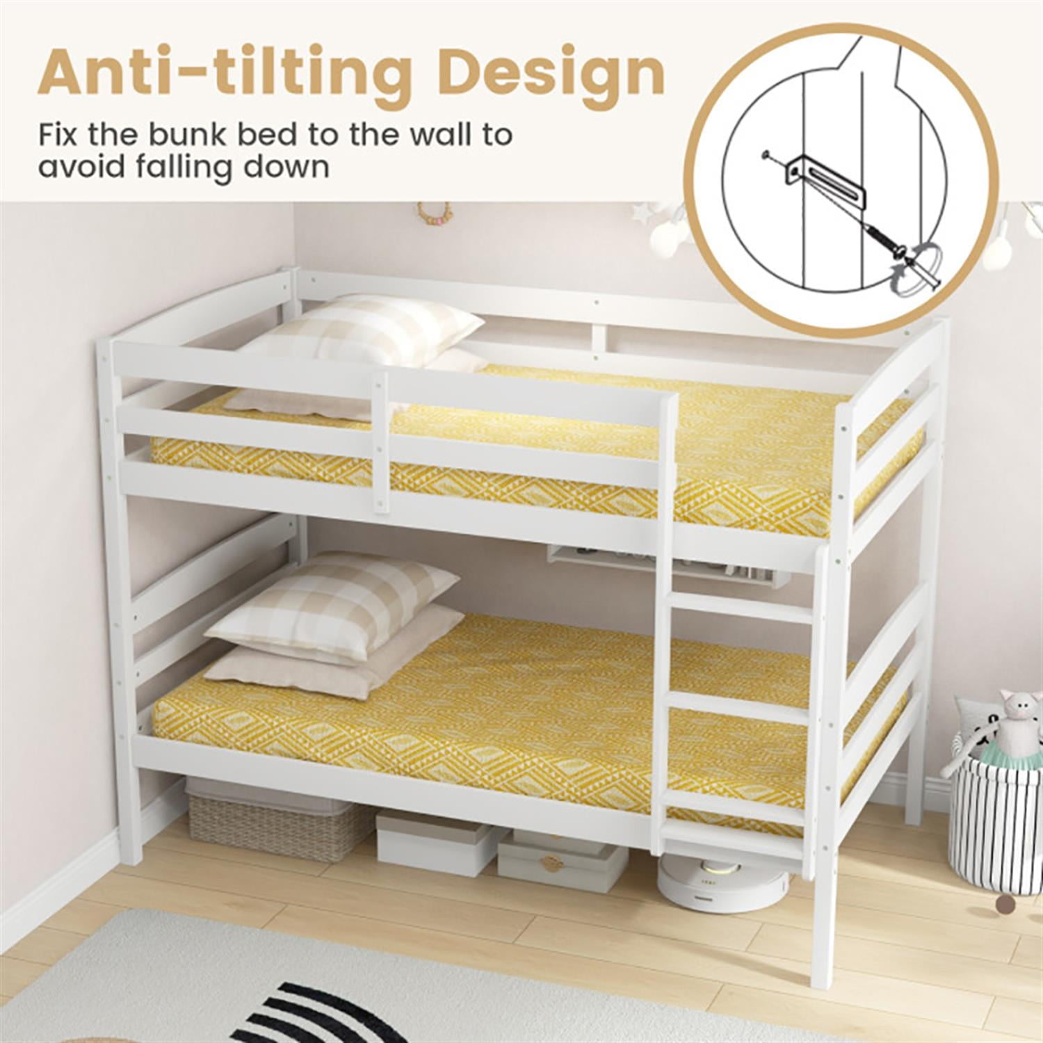 Demi Bonn Solid Wood Twin Over Twin Bunk Bed with High Guardrails and Integrated Ladder, Twin Bunk Beds, Bed Frame, White