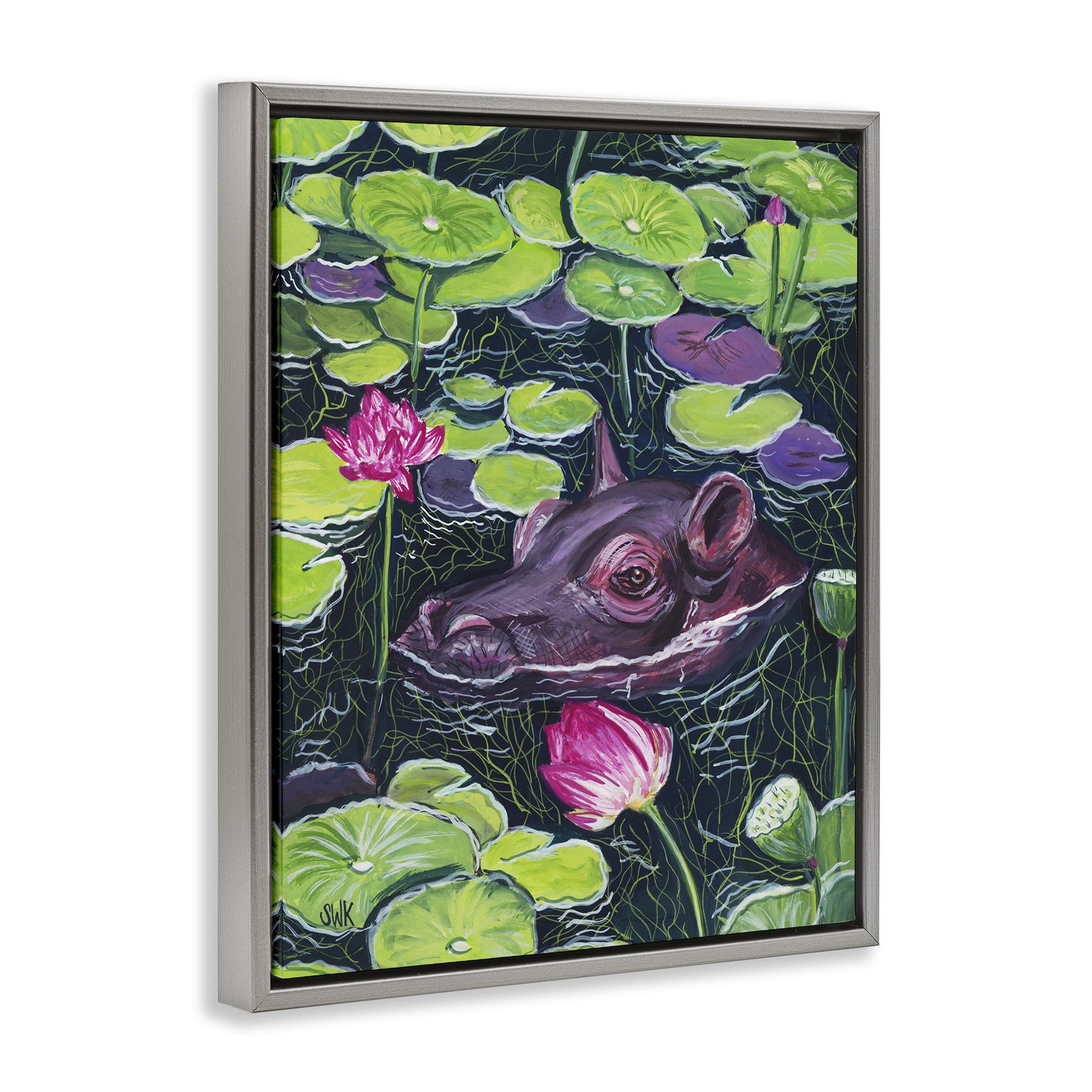 Stupell Industries Hippo & Blossoms Pond Gray Framed Floater Canvas Wall Art, design by Sarah Waldron Kimball